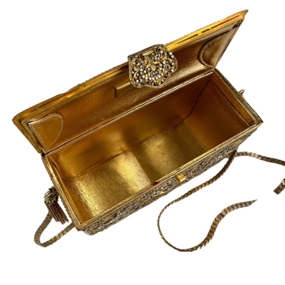 Rare Vintage JUDITH LEIBER Minaudière Gold Crystal Gilded Stamp Clutch Bag - Picture 12 of 16